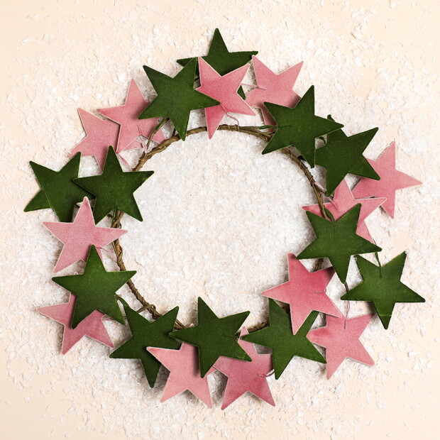 Green and Pink Flocked Malleable Star Wreath Green and Pink Flocked Malleable Star Wreath