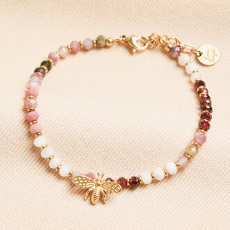 Semi-Precious Burgundy Beaded Bee Charm Bracelet in Gold