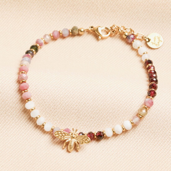 Burgundy Bead Bracelet with Bee Charm in Gold