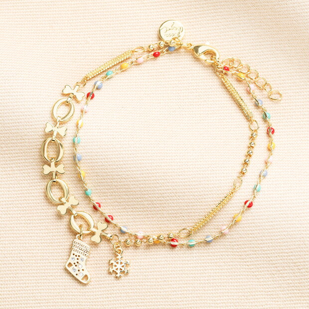 Double Layer Christmas Charm Bracelet in Gold Double Layer Christmas Charm Bracelet in Gold