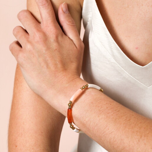 Stainless Steel Orange Tones Beaded Bracelet in Gold
