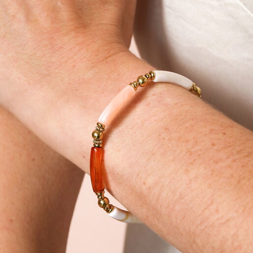 Stainless Steel Orange Tones Beaded Bracelet in Gold