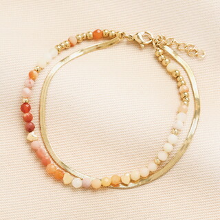 Semi Precious Double Layer Herringbone Beaded Bracelet in Gold