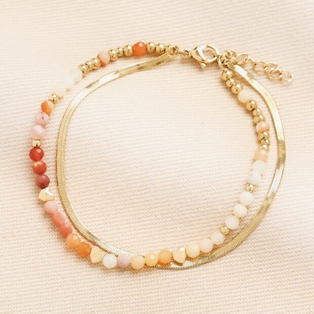 Semi Precious Double Layer Herringbone Beaded Bracelet in Gold Semi Precious Double Layer Herringbone Beaded Bracelet in Gold