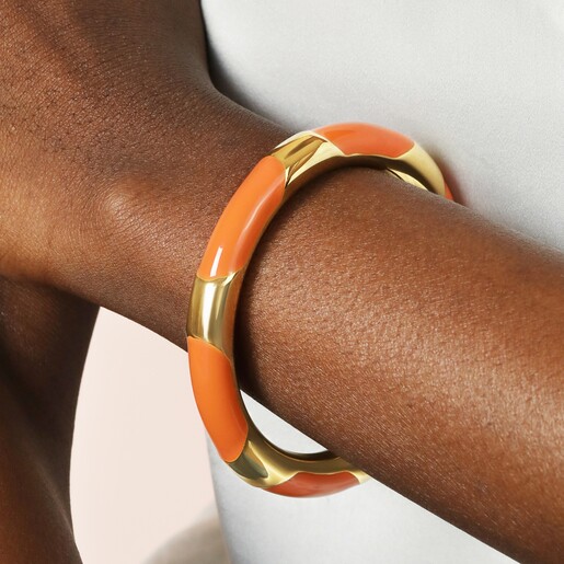 Stainless Steel Enamel Orange Bangle Bracelet in Gold