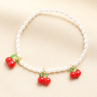 Cherry Charms Pearl Beaded Bracelet in Gold