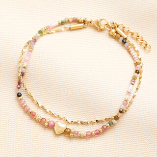 Stainless Steel Purple Beaded Double Layer Bracelet in Gold