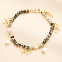 Semi Precious Black Beaded Bow Charm Bracelet in Gold