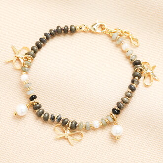 Semi Precious Black Beaded Bow Charm Bracelet in Gold