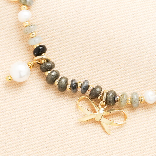 Semi Precious Black Beaded Bow Charm Bracelet in Gold Semi Precious Black Beaded Bow Charm Bracelet in Gold