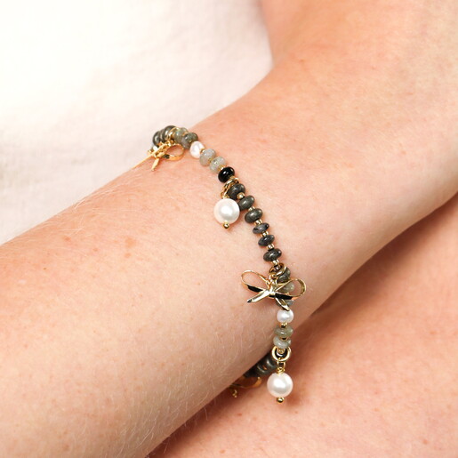 Semi Precious Black Beaded Bow Charm Bracelet in Gold