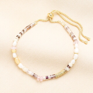 Semi Precious Purple Stone and Pearl Beaded Bracelet in Gold