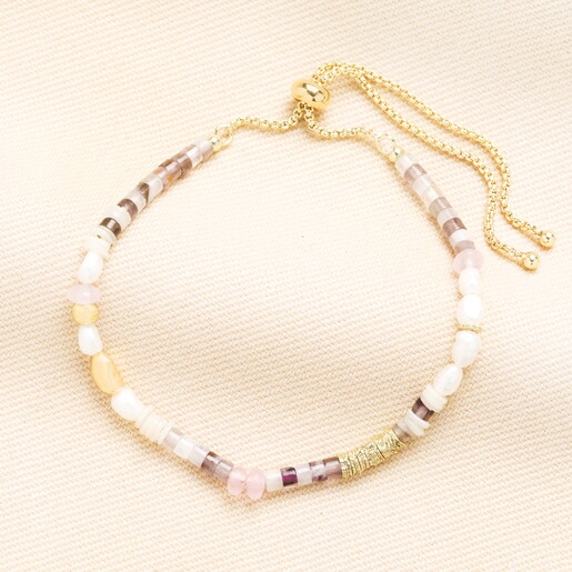Semi Precious Purple Stone and Pearl Beaded Bracelet in Gold
