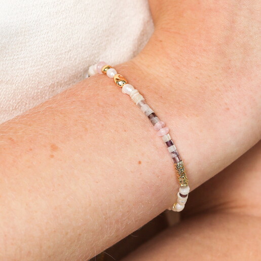 Semi Precious Purple Stone and Pearl Beaded Bracelet in Gold