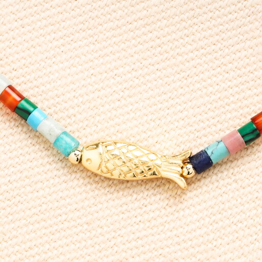 Close Up of Semi Precious Stone Fish Beaded Bracelet in Gold