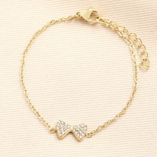 Stainless Steel Crystal Bow Charm Bracelet in Gold