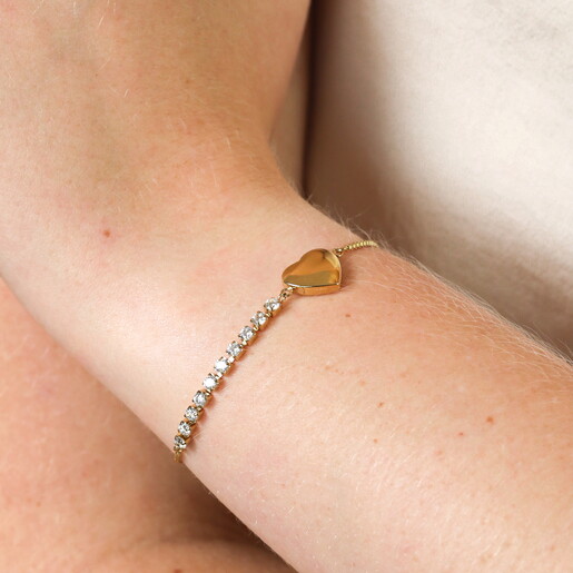 Stainless Steel Crystal Heart Charm Bracelet in Gold