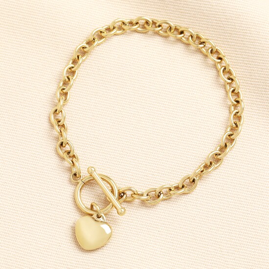 Stainless Steel Heart T-Bar Bracelet in Gold