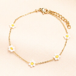 Stainless Steel White Beaded Daisy Chain Bracelet in Gold