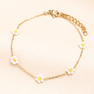 Stainless Steel White Beaded Daisy Chain Bracelet in Gold