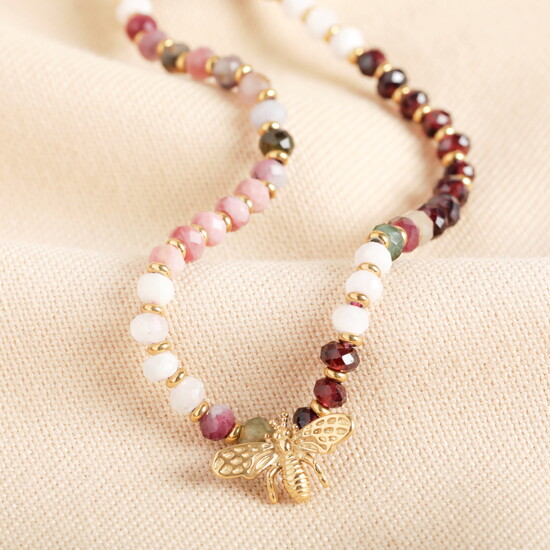 Semi-Precious Burgundy Bee Pendant Necklace in Gold
