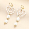 Stainless Steel Pearl Heart Huggie Drop Earrings in Gold