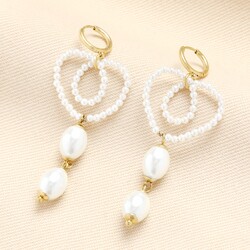 Stainless Steel Pearl Heart Huggie Drop Earrings in Gold