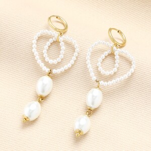 Pearl and Heart Double Drop Earrings in Gold