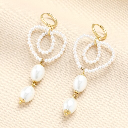 Stainless Steel Pearl Heart Huggie Drop Earrings in Gold