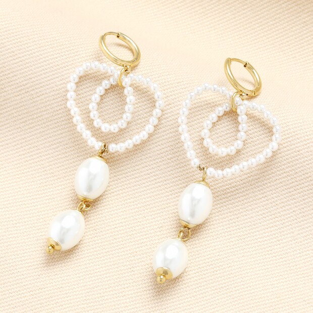 Stainless Steel Pearl Heart Huggie Drop Earrings in Gold Stainless Steel Pearl Heart Huggie Drop Earrings in Gold