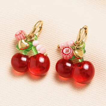 Stainless Steel Cherry Charm Drop Earrings in Gold