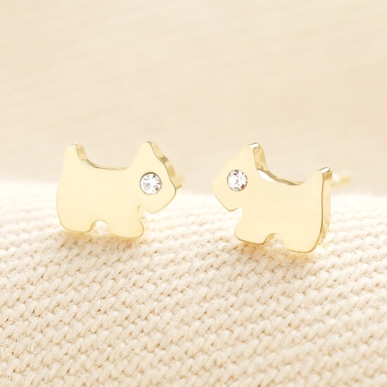 Stainless Steel Crystal Westie Dog Stud Earrings in Gold