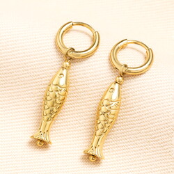 Stainless Steel Fish Charm Hoop Earrings in Gold