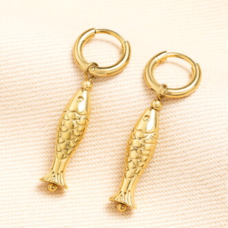 Stainless Steel Fish Charm Hoop Earrings in Gold