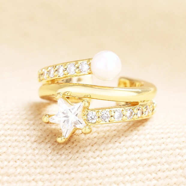 Star and Pearl Crystal Ear Cuff in Gold