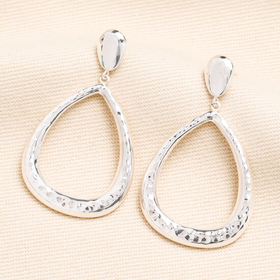 Teardrop Hammered Hoop Earrings in Silver