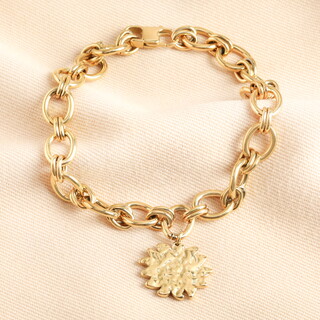 Stainless Steel Hammered Sun Charm Chain Bracelet in Gold