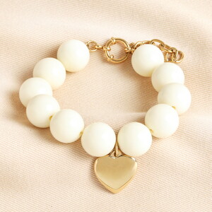 Cream Beaded Heart Charm Bracelet in Gold