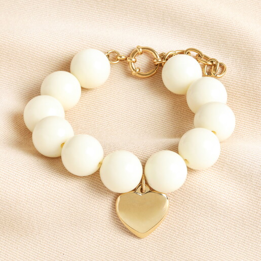 Heart Charm Chunky Cream Beaded Bracelet in Gold