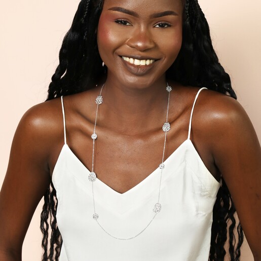Stainless Steel Hammered Pebble Long Chain Necklace in Silver on Model