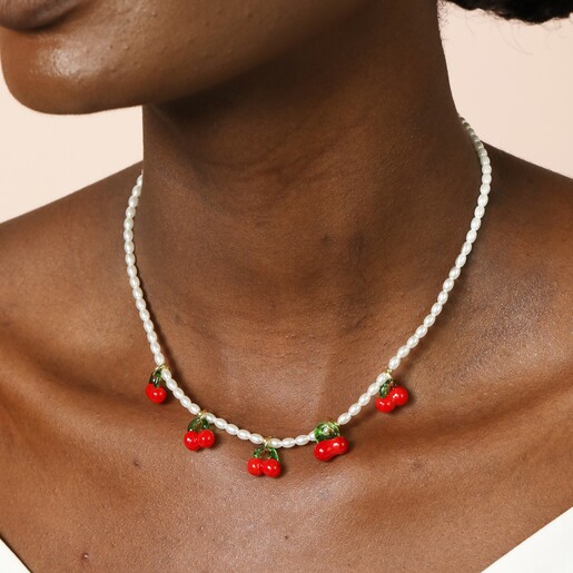 Model Wearing Cherry Charms Pearl Beaded Necklace