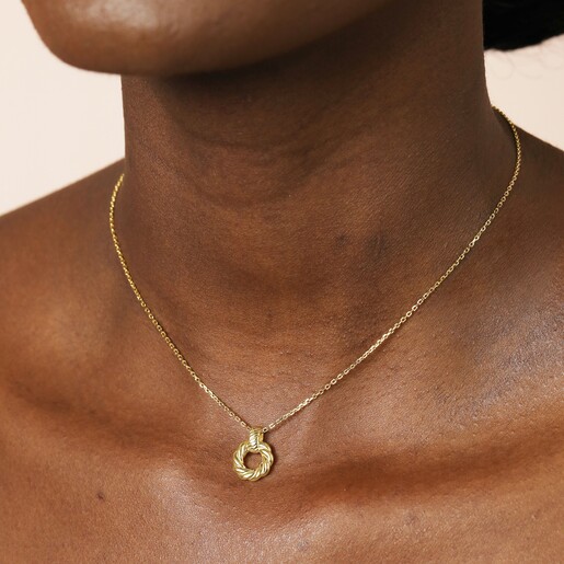 Model Wearing Sterling Silver Halo Knot Pendant Necklace in Gold