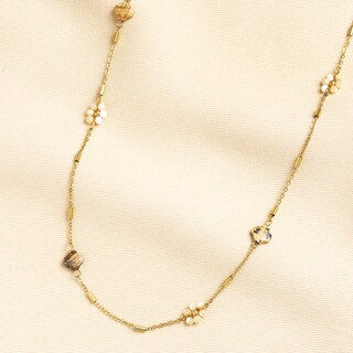 Brown Clover Flower Long Beaded Necklace in Gold