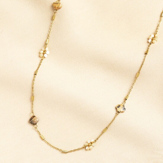 Brown Bead and Long Flower Necklace
