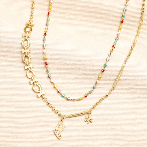 Double Layer Christmas Charm Necklace in Gold
