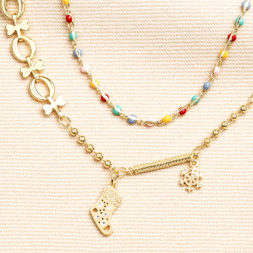 Double Layer Christmas Charm Necklace in Gold