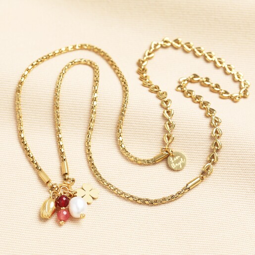 Freshwater Pearl and Clover Charms Pendant Necklace in Gold