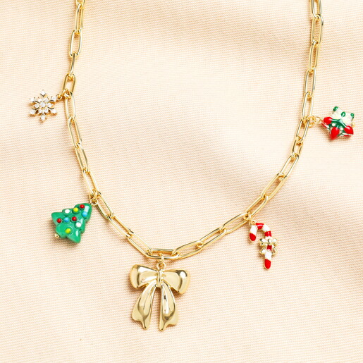 Close up of Festive Charm Paperclip Chain Necklace in Gold