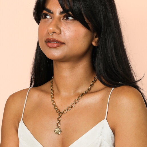 Stainless Steel Hammered Sun Pendant Necklace in Gold