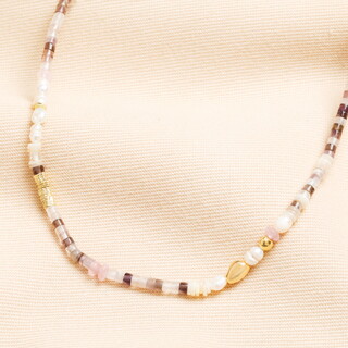 Semi Precious Purple Stone and Pearl Beaded Necklace in Gold